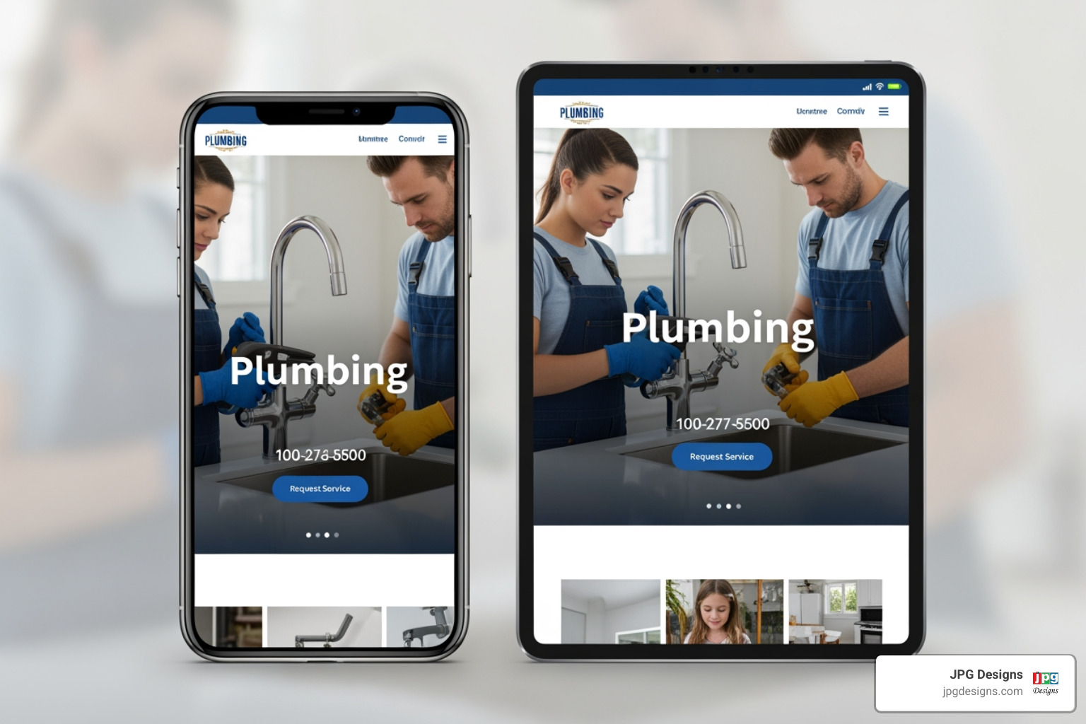mobile-friendly plumbing website design on a phone and tablet - SEO for plumbers
