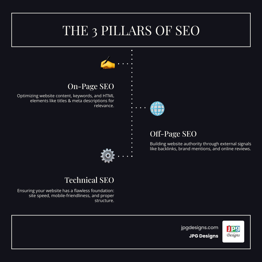 Infographic showing the three core components of SEO: On-Page SEO (content optimization, keywords, meta tags), Off-Page SEO (backlinks, brand mentions, reviews), and Technical SEO (site speed, mobile-friendliness, site structure). At the center is a website icon with arrows pointing to a higher Google ranking position, illustrating how these elements work together to improve search visibility and drive organic traffic. - what does seo stand for infographic infographic-line-3-steps-dark