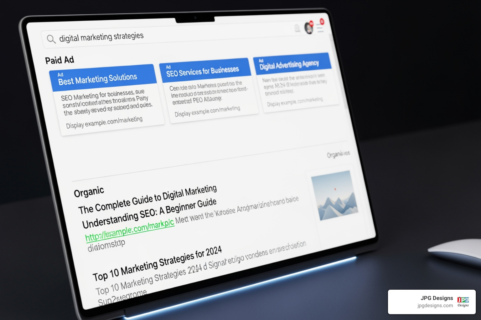 Search Engine Results Page (SERP) showing paid ads at the top and organic results below - what does seo stand for