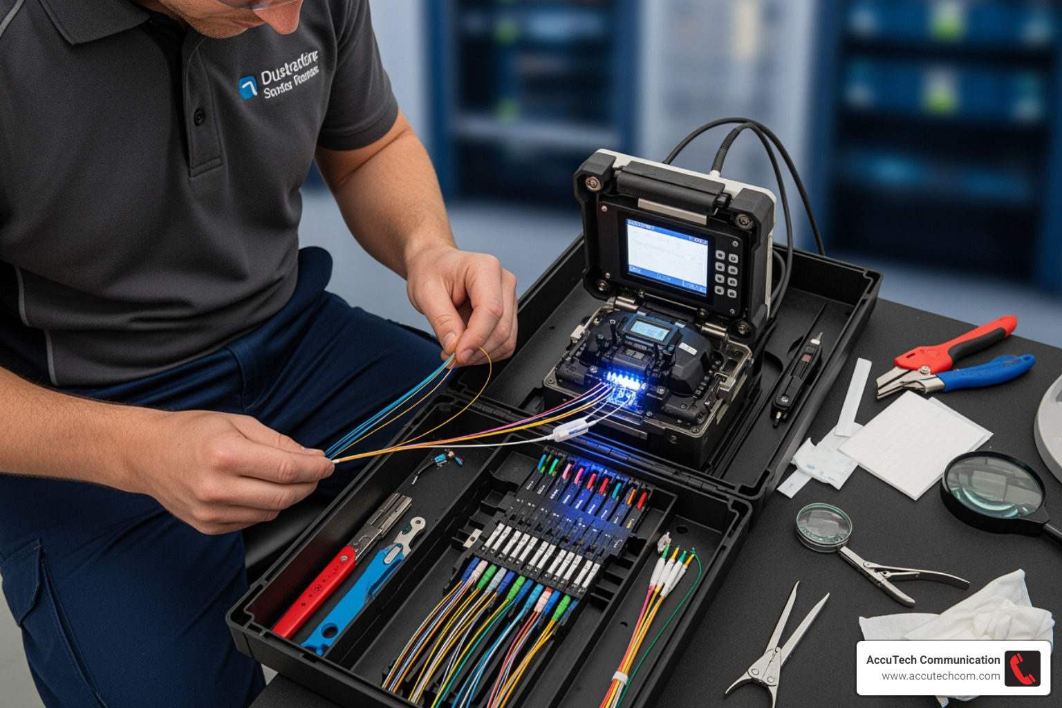 technician working on a splice tray - fiber optic patch panels