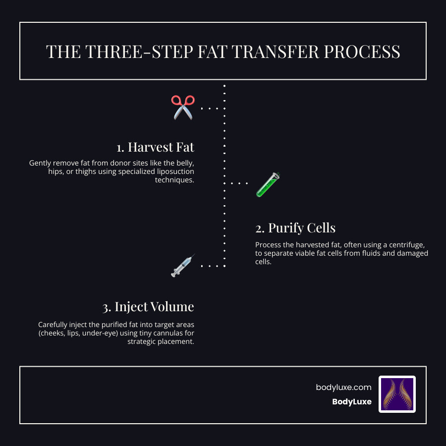 Infographic explaining the three core steps of fat transfer: 1. Harvest, 2. Purify, 3. Inject. - Local anesthesia fat transfer infographic infographic-line-3-steps-dark