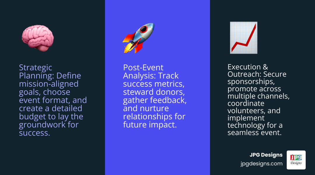 Infographic showing the three key phases of charity event management: Strategic Planning (includes mission alignment, goal setting, event format selection, and budget creation), Execution & Outreach (includes sponsorship securing, multi-channel marketing, volunteer coordination, and technology implementation), and Post-Event Analysis (includes success tracking, donor stewardship, feedback gathering, and relationship building) - charity event management infographic 3_facts_emoji_blue