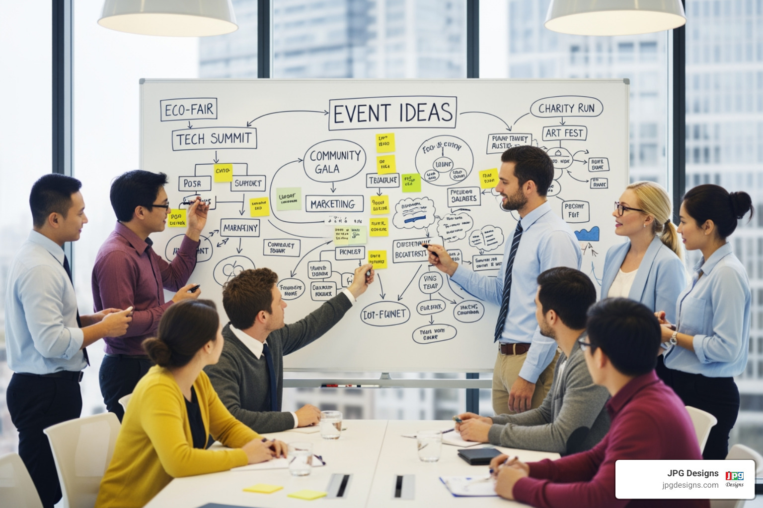 A diverse team brainstorming event ideas on a whiteboard with sticky notes and diagrams - charity event management