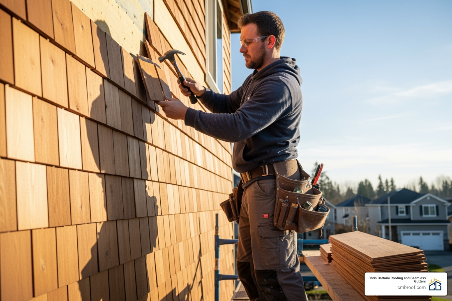 Professional installing a course of cedar shakes - installing cedar shakes