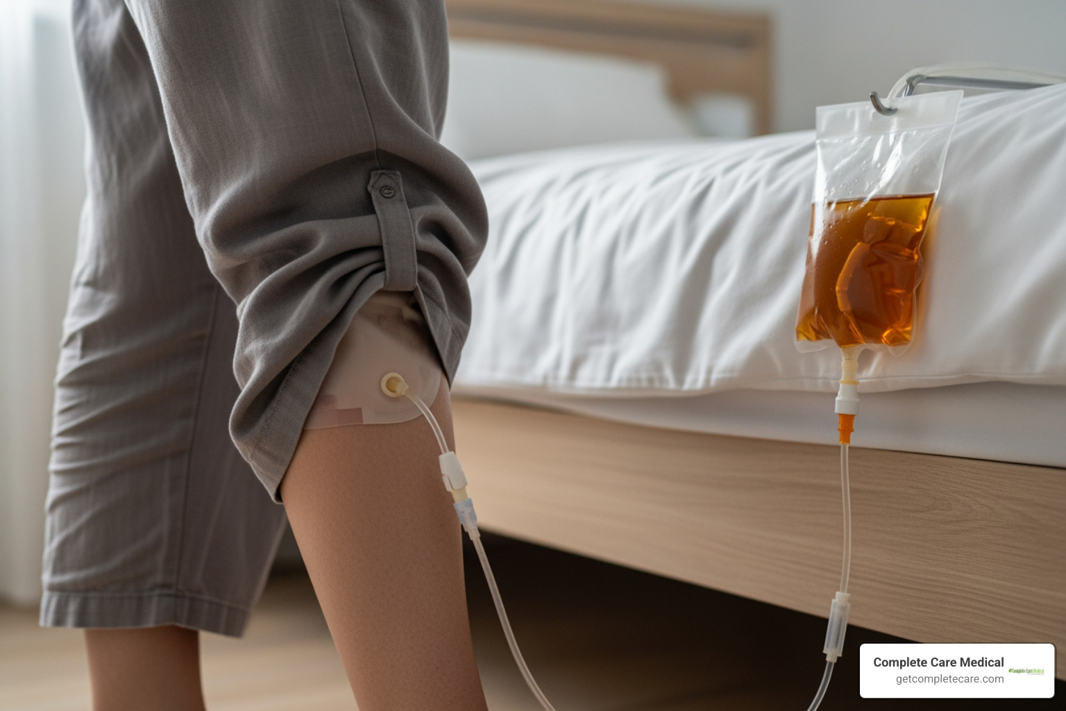 Leg bag worn discreetly under trousers and a night drainage bag hanging from a bed - catheter accessories