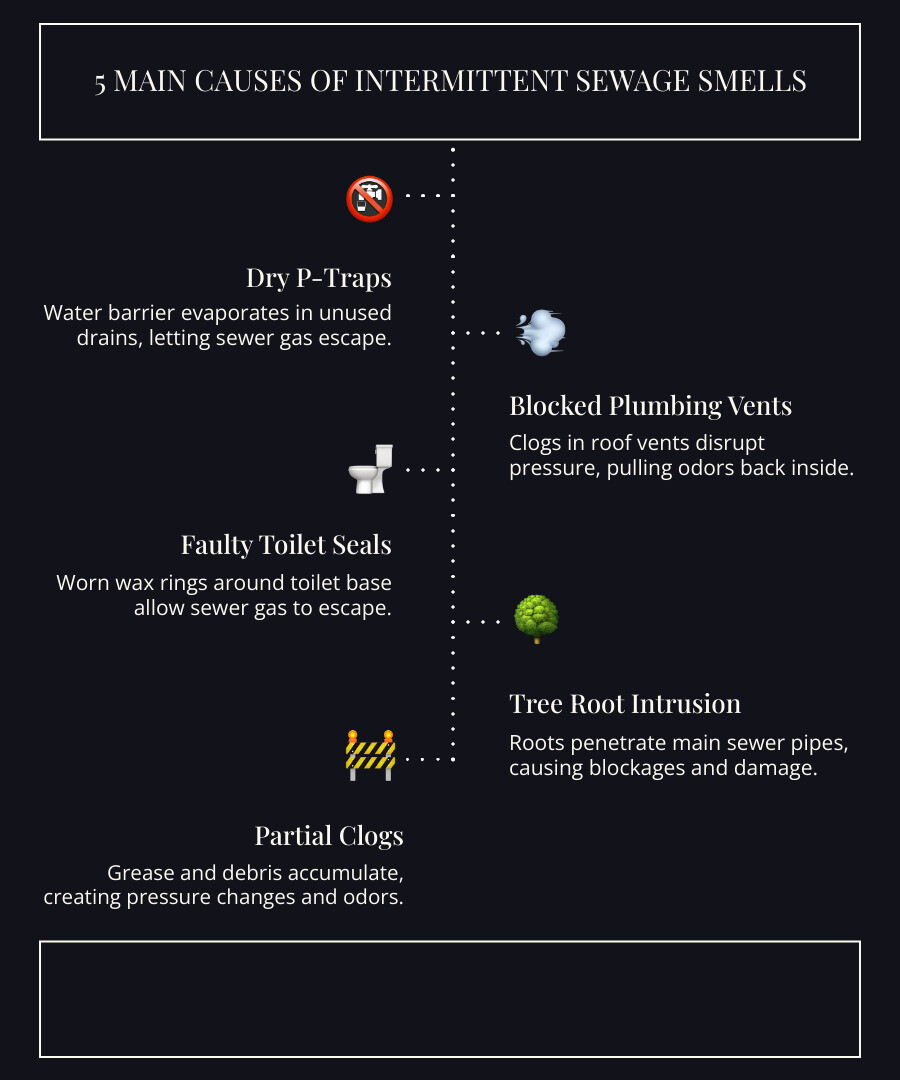 Infographic showing the 5 main causes of intermittent sewage smells: dry P-traps in unused drains, blocked roof vents preventing gas escape, failed toilet wax seals, tree root intrusion in main sewer lines, and partial clogs creating pressure changes. Each cause is illustrated with a simple diagram and a quick fix or professional solution listed below. - intermittent sewage smell in house infographic infographic-line-5-steps-dark