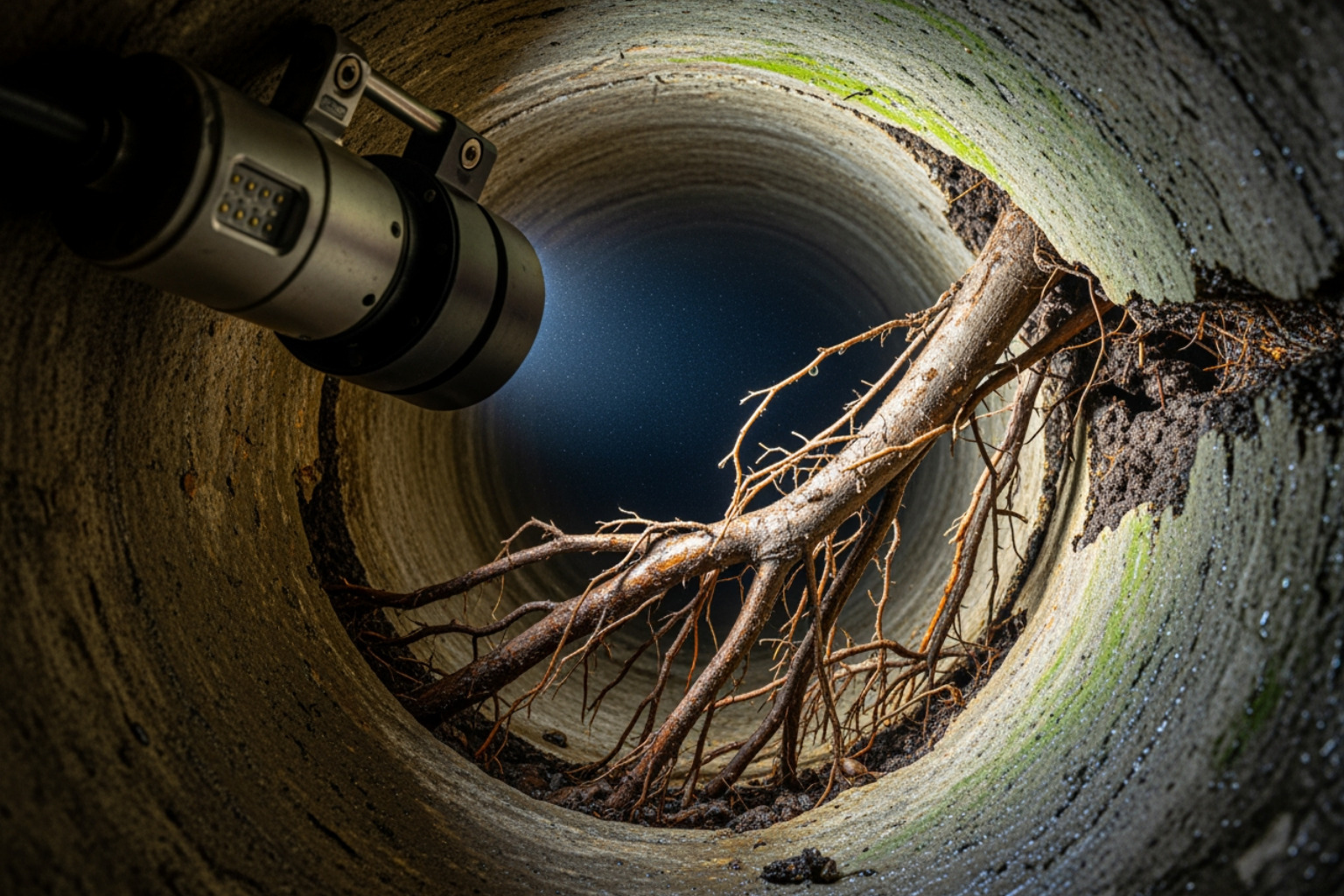A sewer camera with an attached light and lens, extending into a dark, dirty pipe, showing tree roots intruding into the pipe's interior. - intermittent sewage smell in house