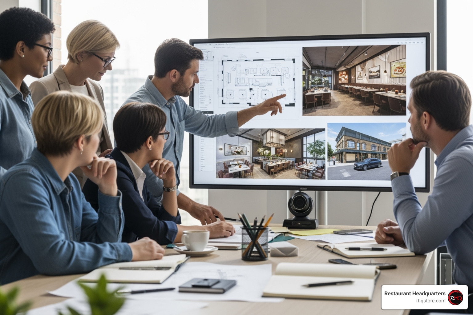 architects and clients reviewing blueprints and 3D renderings on a large screen - Restaurant design build architects and clients reviewing blueprints and 3D renderings on a large screen - Restaurant design build