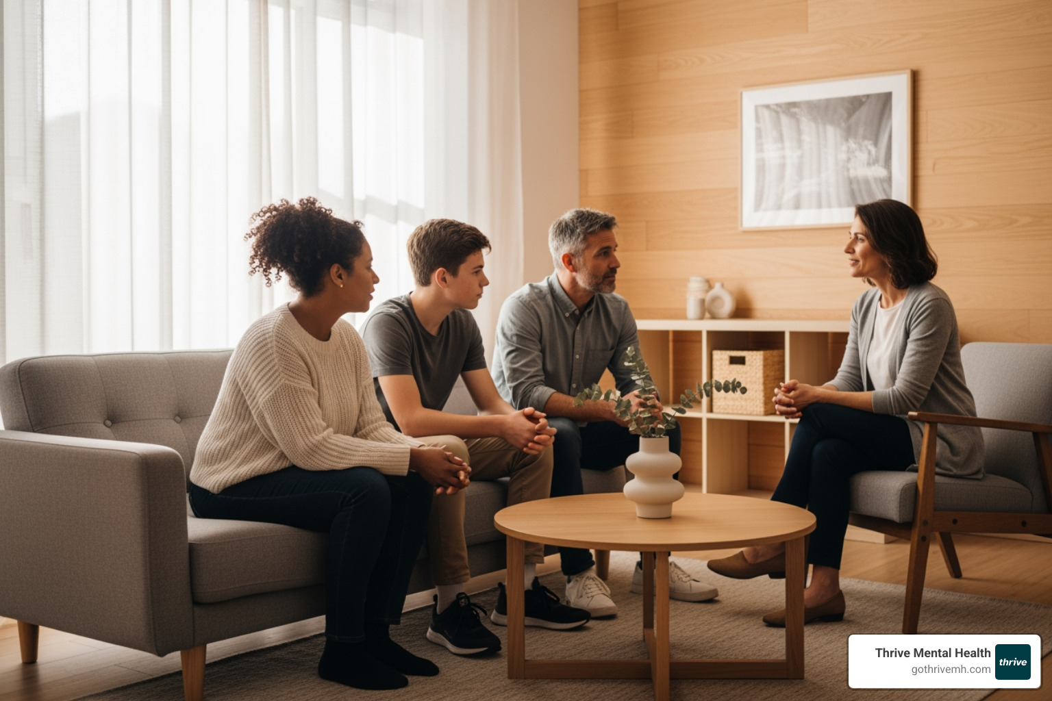 therapist talking with a teenager and their parents in a calm setting - mentalization based family therapy
