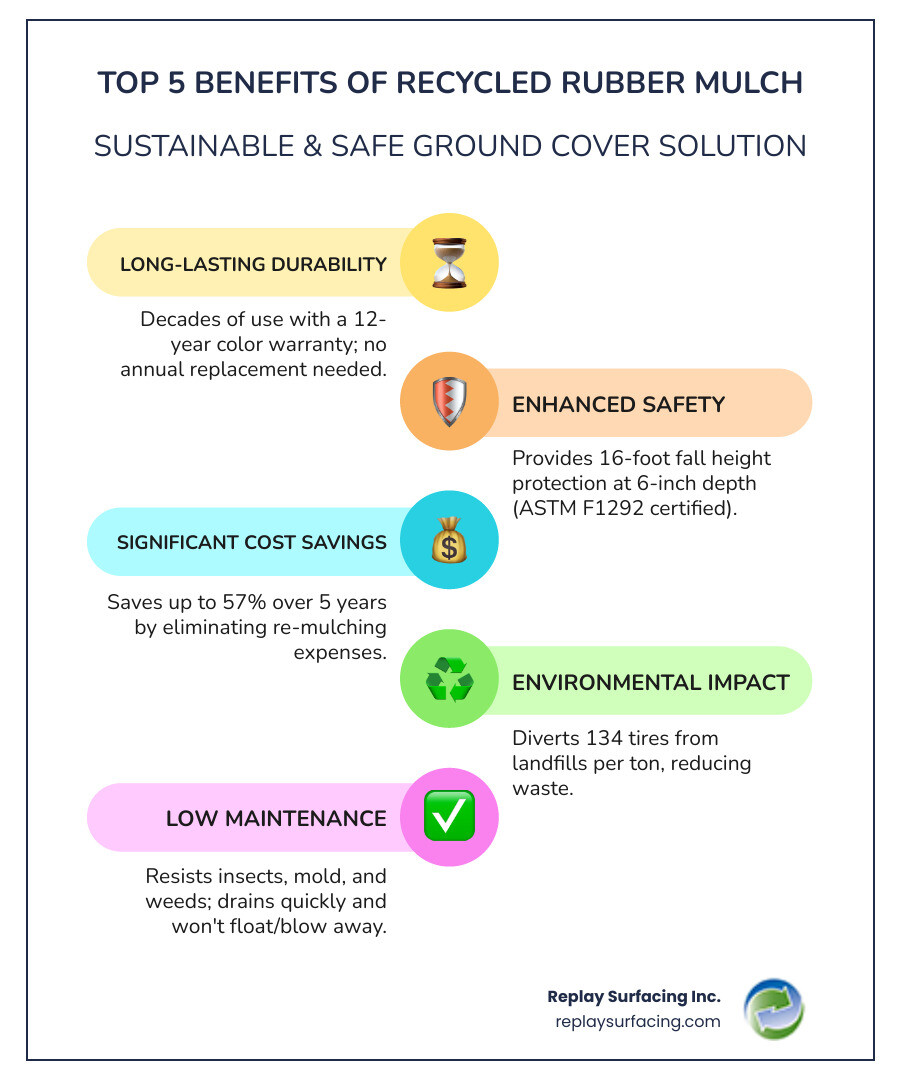 Infographic showing the top 5 benefits of recycled rubber mulch: 1) Lasts 10+ years with 12-year color warranty vs. annual wood mulch replacement, 2) 16-foot fall height protection at 6-inch depth meeting ASTM F1292 standards, 3) Saves 57% over 5 years with no re-mulching costs, 4) Diverts 134 tires from landfills per ton of mulch, 5) Resists insects, mold, and weeds while draining quickly after rain - recycled rubber mulch near me infographic infographic-line-5-steps-colors