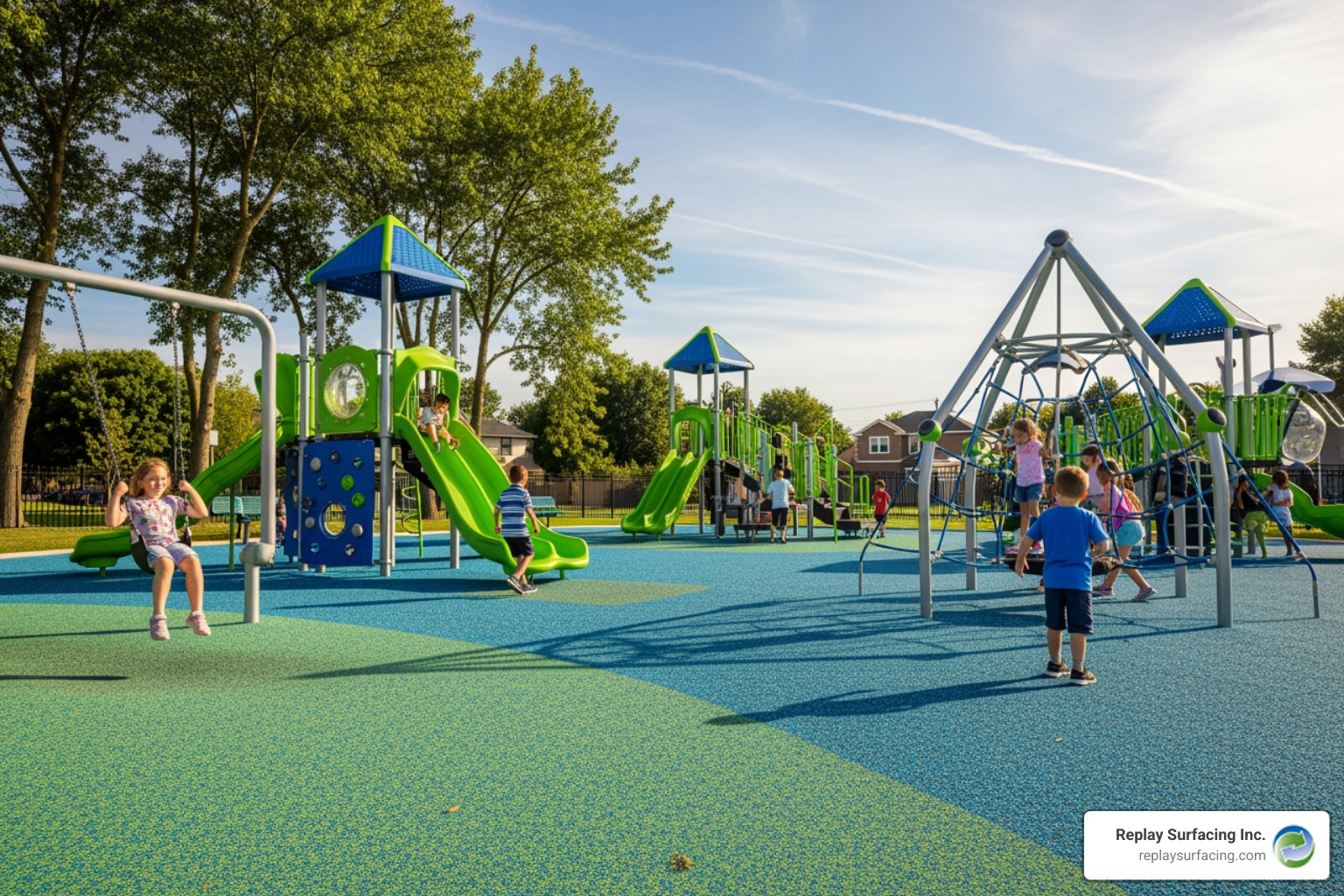 playground with brightly colored blue and green rubber mulch installed by Replay Surfacing Inc. in a local service area - recycled rubber mulch near me