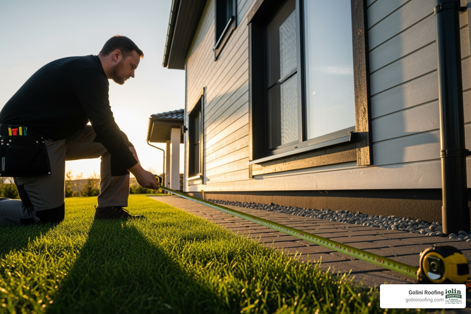 person safely using a tape measure on the ground to measure a house's length - roof shingle square calculator person safely using a tape measure on the ground to measure a house's length - roof shingle square calculator