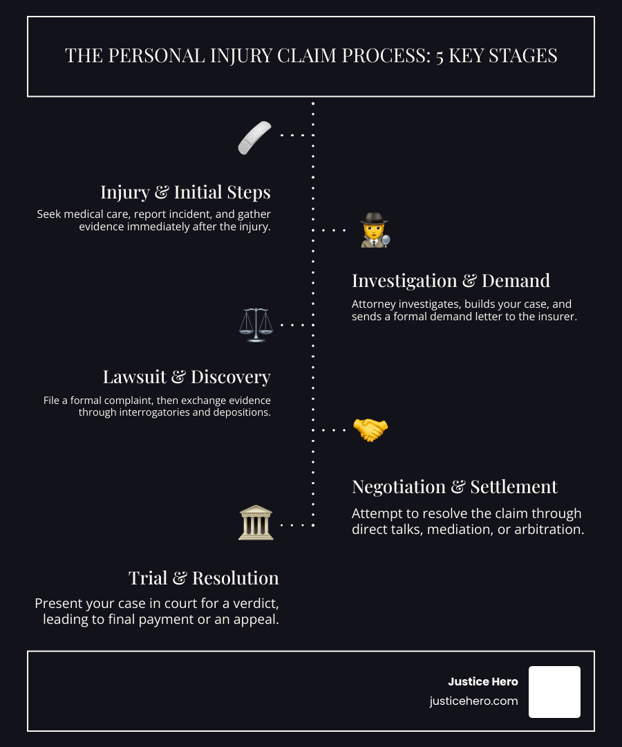 infographic showing the 5 main stages of a personal injury claim: Stage 1 - Injury & Initial Steps (seek medical care, report incident, gather evidence); Stage 2 - Investigation & Demand (hire attorney, investigate case, send demand letter); Stage 3 - Lawsuit Filing & Discovery (file complaint, exchange evidence, depositions); Stage 4 - Negotiation & Settlement (mediation, arbitration, settlement offers); Stage 5 - Trial & Resolution (jury trial, verdict, payment or appeal) - Injury claim process infographic infographic-line-5-steps-dark