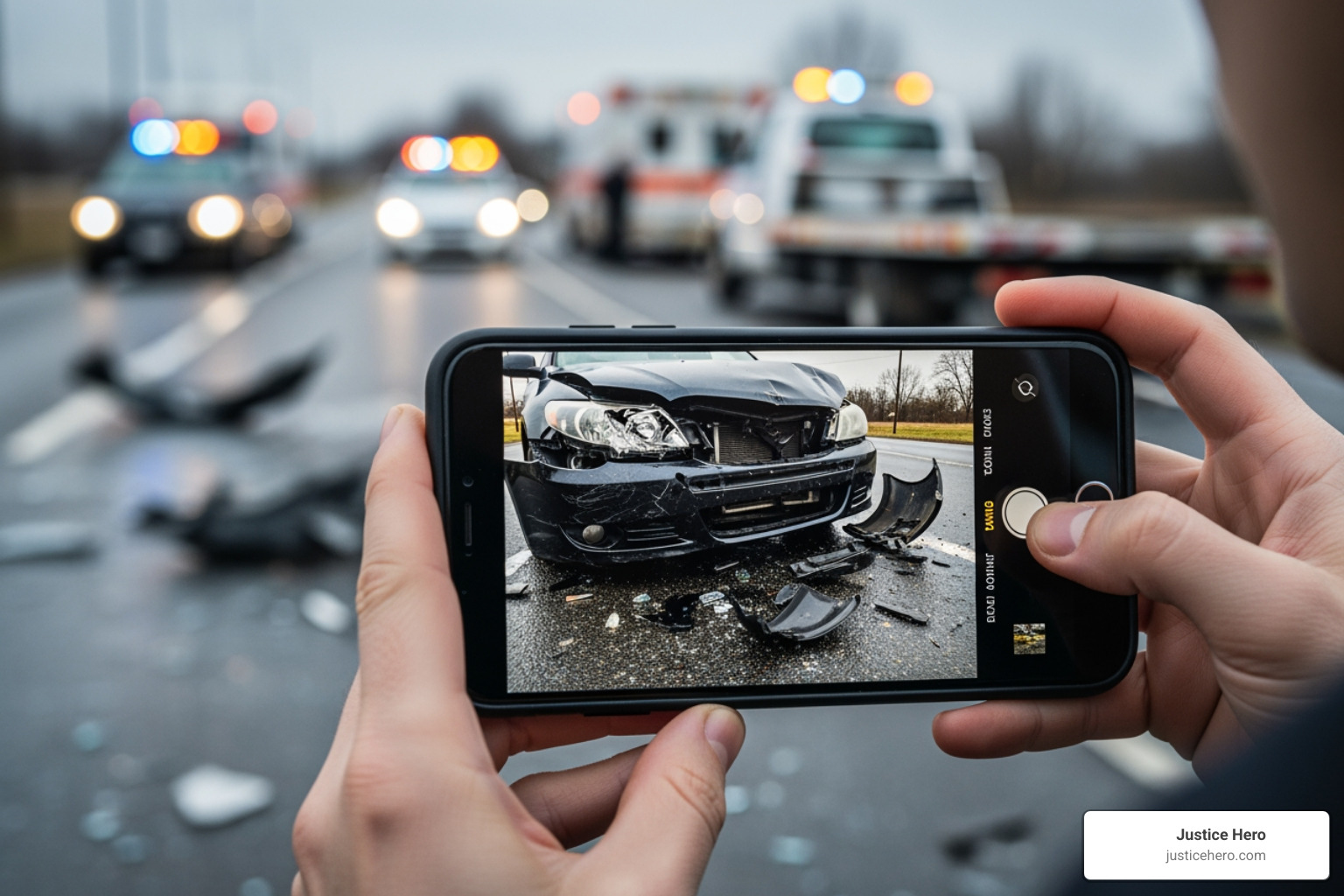 A person taking photos of a car accident scene with their phone - Injury claim process