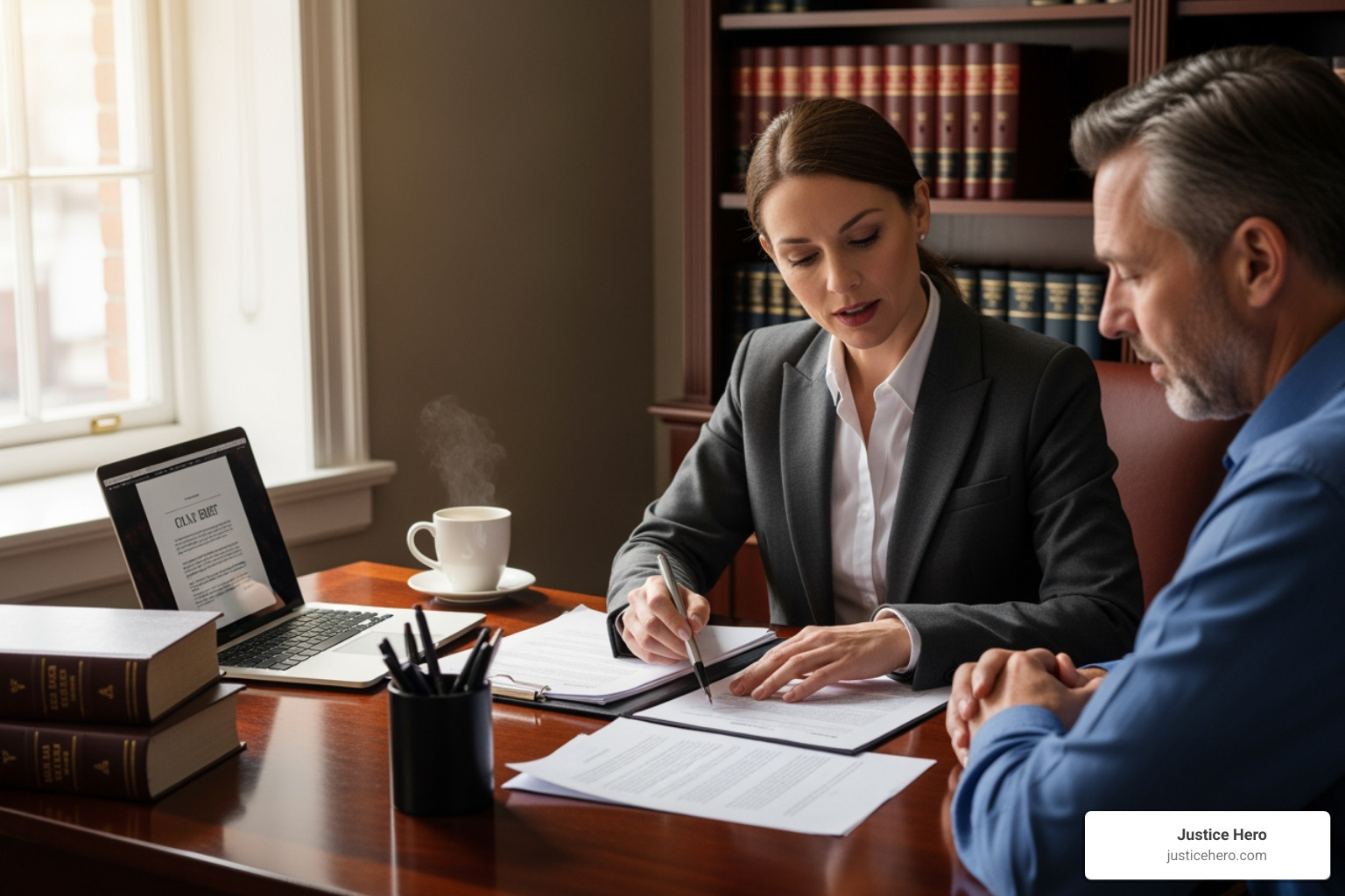 A lawyer and client reviewing documents at a desk - Injury claim process