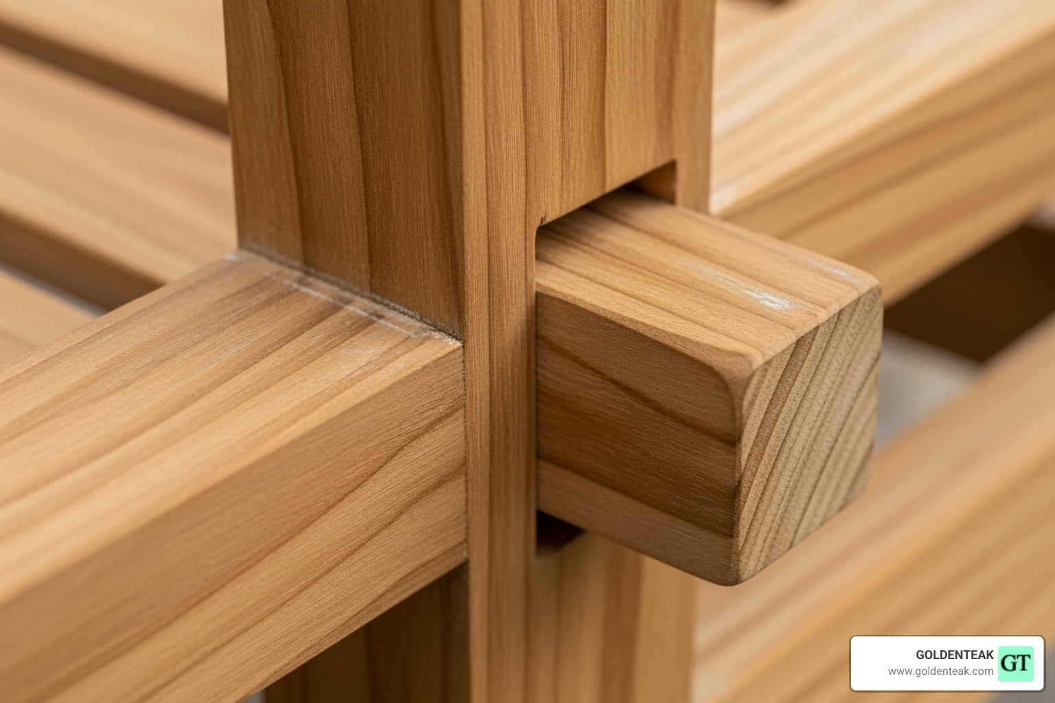 Close-up of mortise and tenon joinery on a Goldenteak chair - teak outdoor furniture