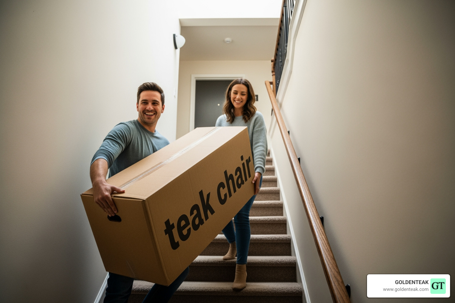 two people happily carrying a boxed teak chair up a flight of stairs - curbside delivery furniture apartment