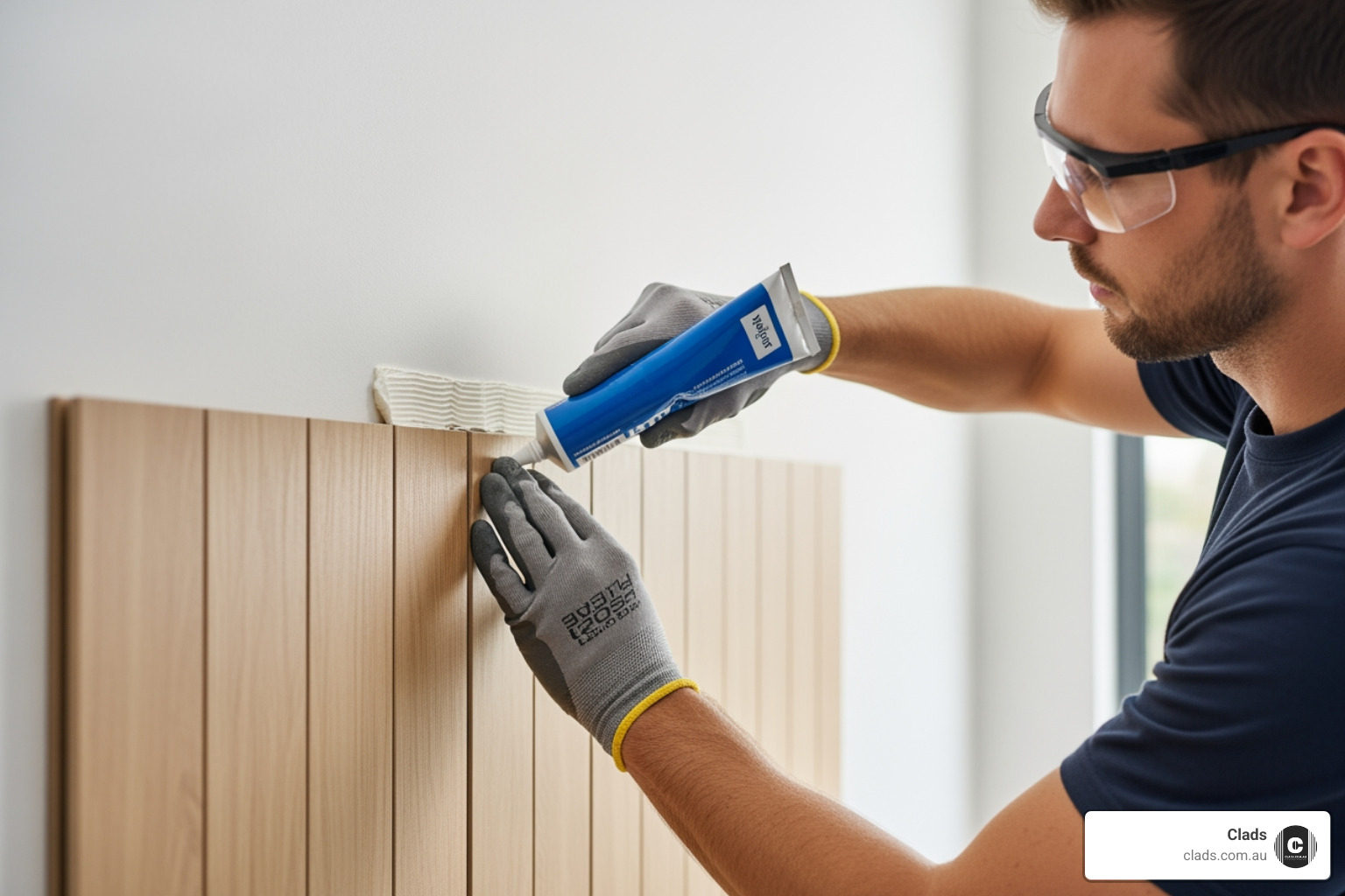 Close-up of a worker in safety gear correctly applying bonding agent to complete the simple process of how to fit internal plastic cladding.