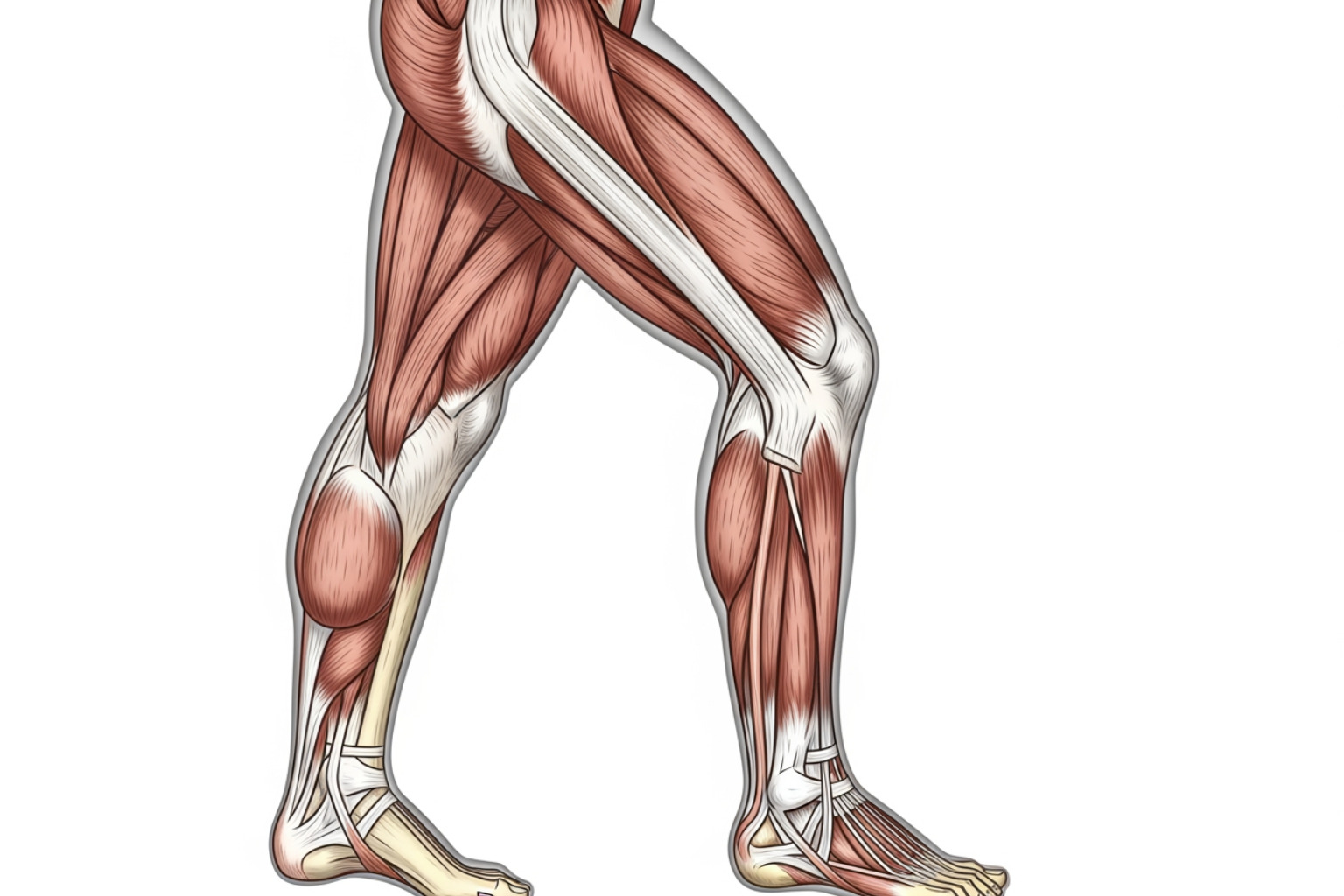 The main leg muscles and tendons, highlighting the quadriceps, hamstrings, calves, and Achilles tendon. - leg muscles pain reason