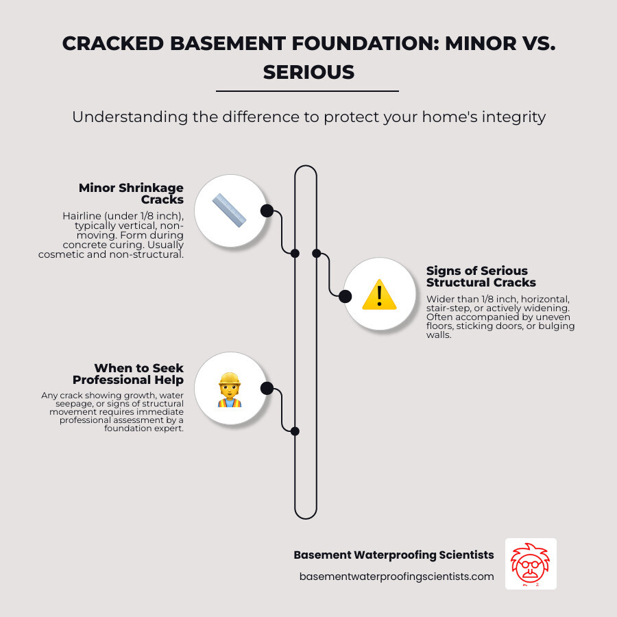 Infographic explaining the difference between a minor shrinkage crack and a serious structural crack - cracked basement foundation repair infographic infographic-line-3-steps-elegant_beige