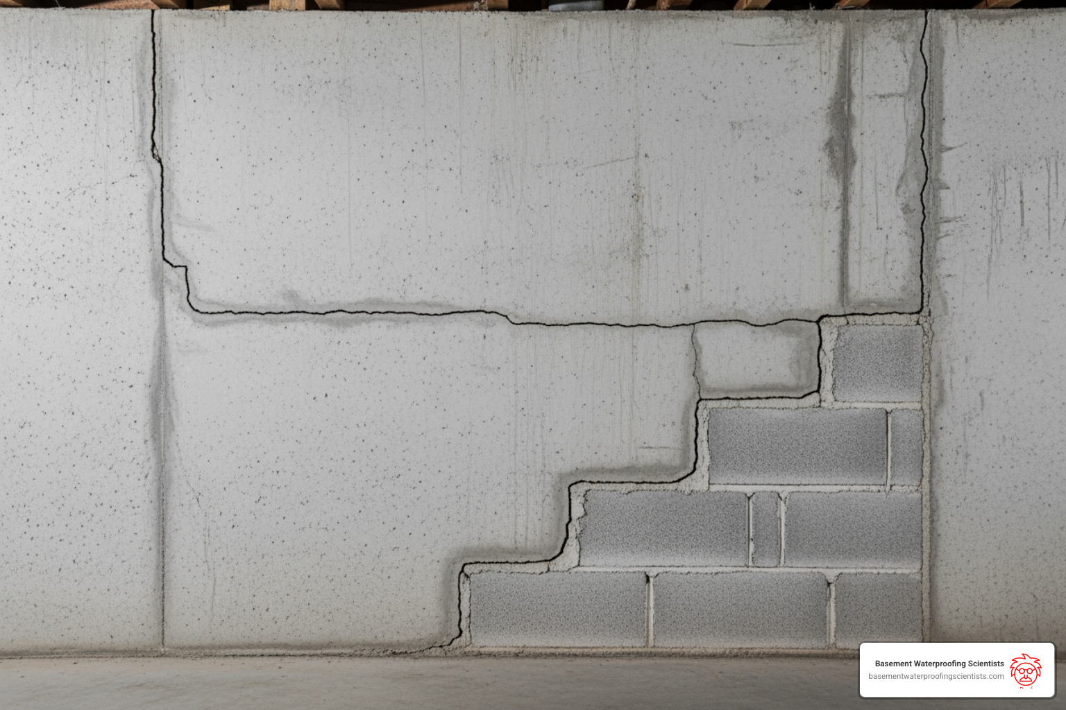 examples of vertical, horizontal, and stair-step cracks on a foundation wall - cracked basement foundation repair