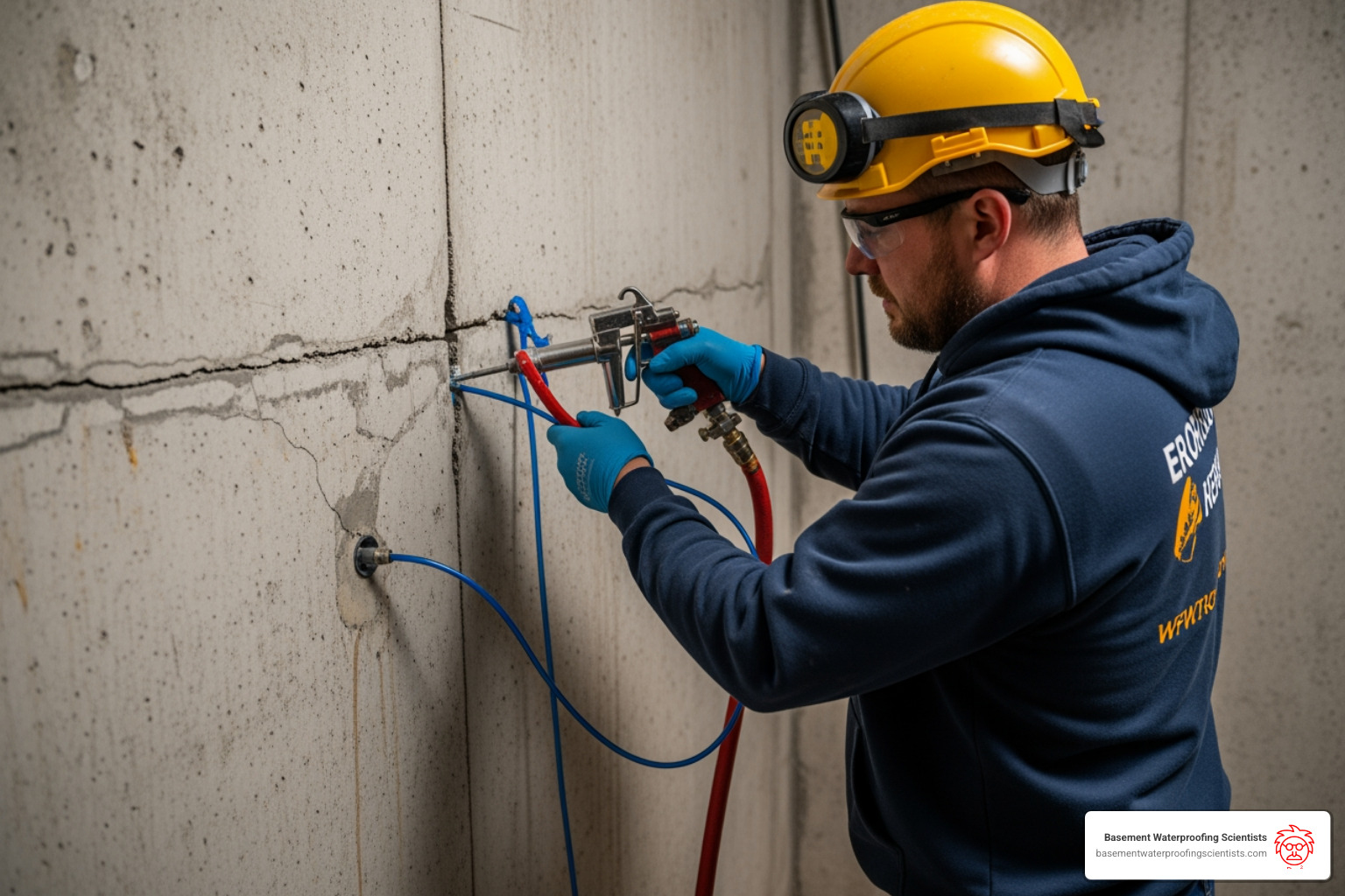 professional performing an interior epoxy injection repair - cracked basement foundation repair