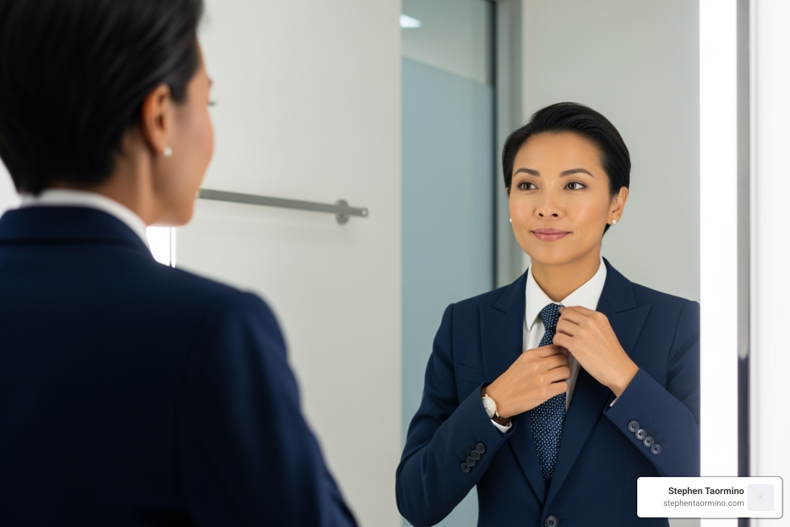 Person looking in a mirror, adjusting professional attire with a confident expression - Executive presence communication