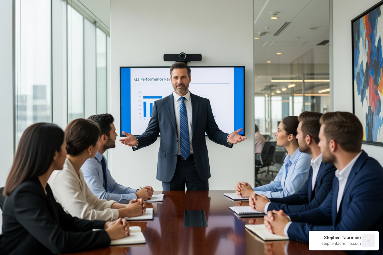 Leader confidently presenting to a small group, with good posture and engaging body language - Executive presence communication