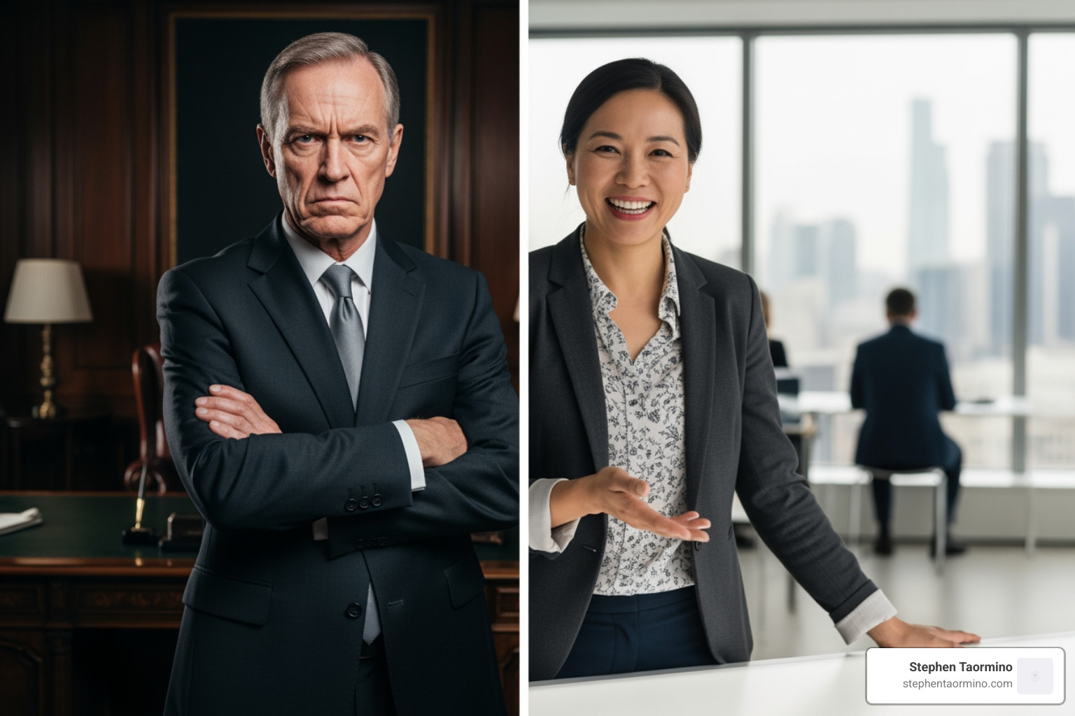 Split screen: traditional, formal leader vs. modern, approachable leader - Executive presence communication