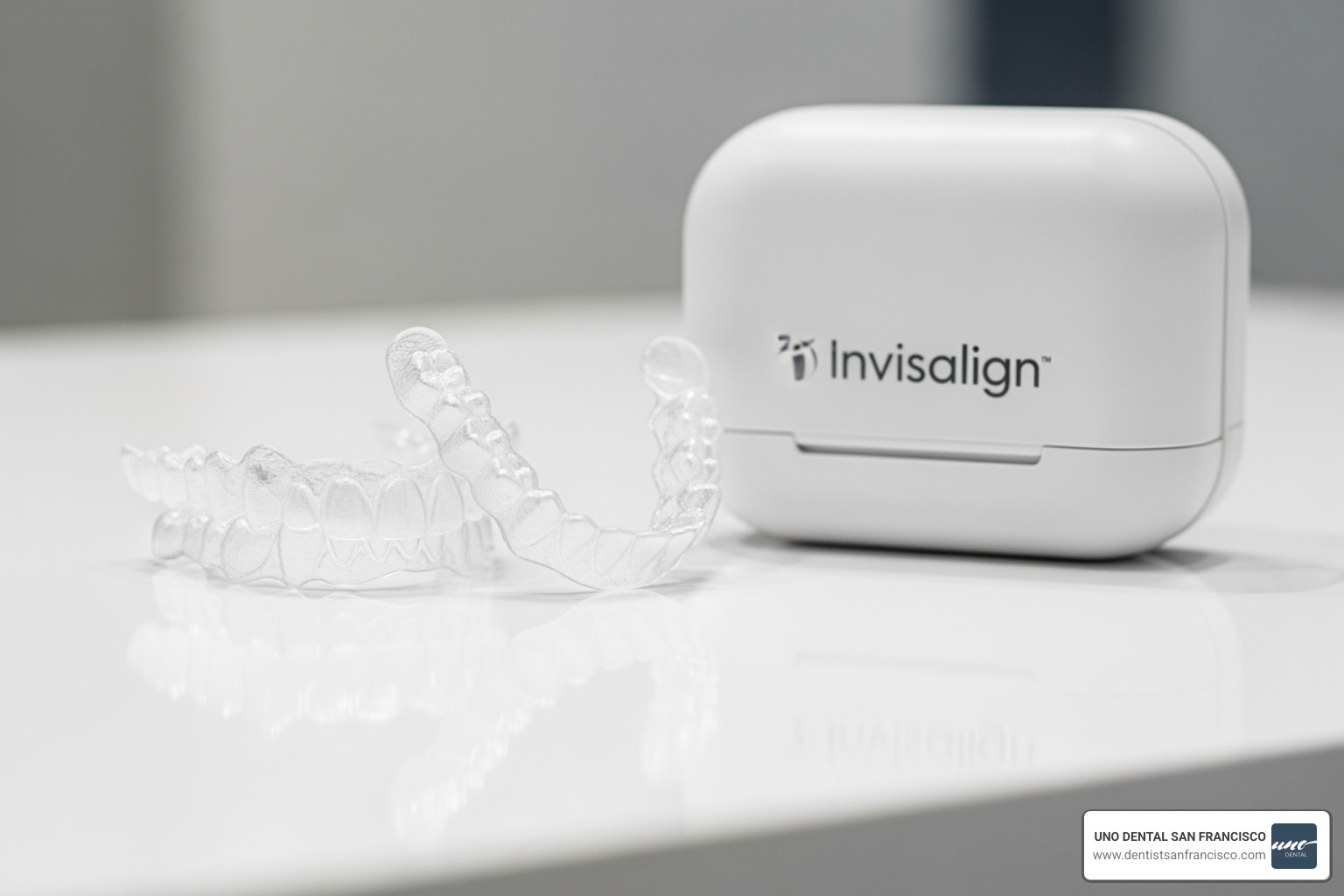 Invisalign clear aligners next to their case - invisalign dentist San Francisco Invisalign clear aligners next to their case - invisalign dentist San Francisco