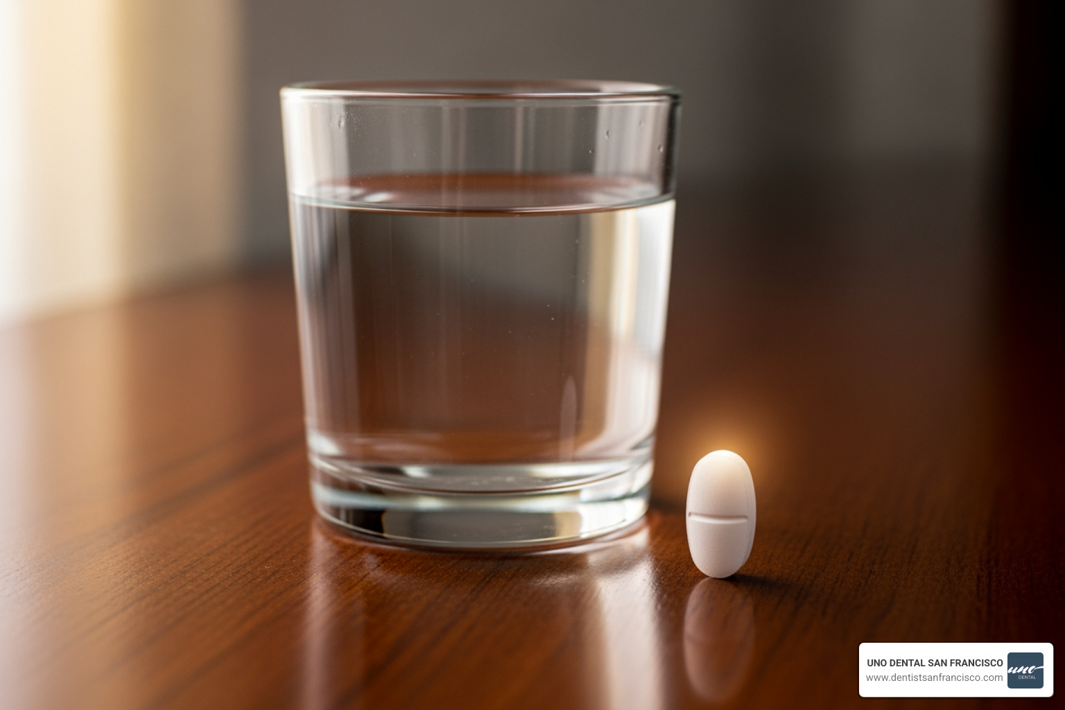 Image of a single sedative pill next to a glass of water - sedation for teeth cleaning Image of a single sedative pill next to a glass of water - sedation for teeth cleaning