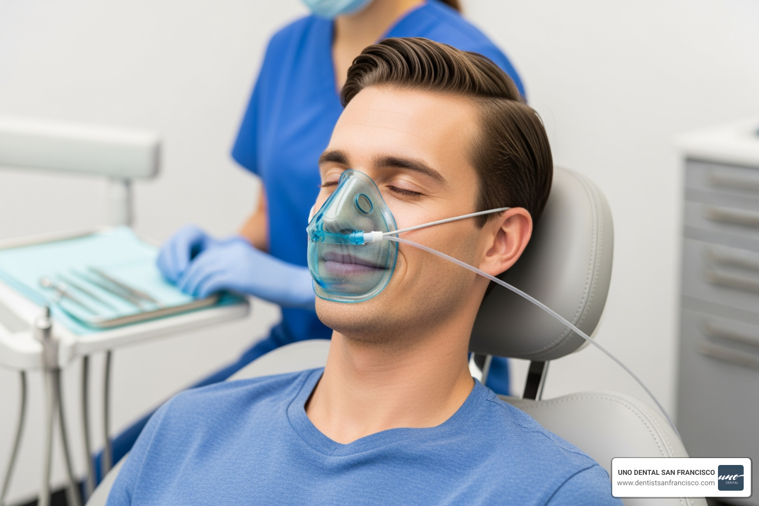 Image of a patient comfortably using a nitrous oxide nasal mask - sedation for teeth cleaning Image of a patient comfortably using a nitrous oxide nasal mask - sedation for teeth cleaning