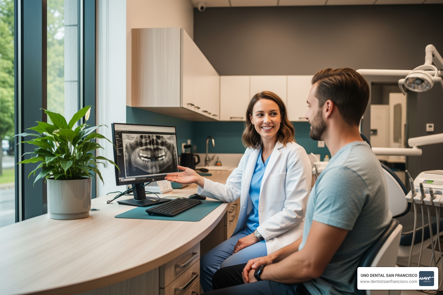 Image of a dentist having a friendly consultation with a patient in a modern dental office - sedation for teeth cleaning Image of a dentist having a friendly consultation with a patient in a modern dental office - sedation for teeth cleaning