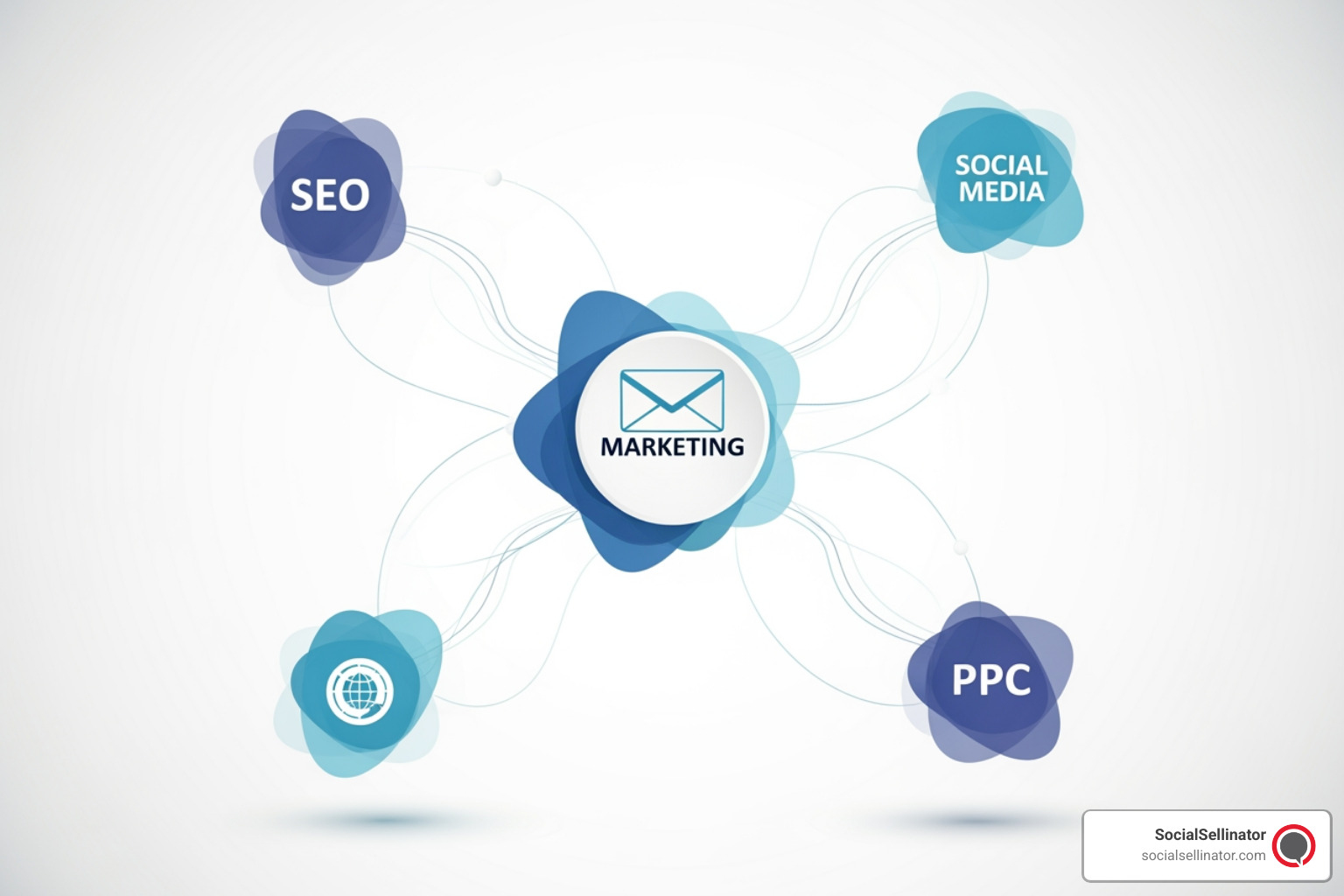 A diagram illustrating the interconnectedness of digital marketing channels, with email marketing at the center, surrounded by SEO, social media, and PPC, showing arrows of integration - email marketing agencies dallas