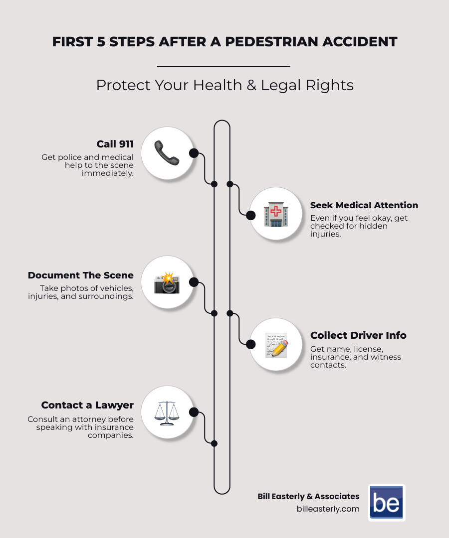 Infographic explaining the 5 critical steps after a pedestrian accident: 1. Call 911 for police and medical help, 2. Seek immediate medical attention even without visible injuries, 3. Document the scene with photos of vehicles, injuries, and surroundings, 4. Collect driver information including name, license, insurance, and witness contacts, 5. Contact a Tennessee personal injury lawyer before speaking to insurance adjusters - pedestrian hit by car infographic infographic-line-5-steps-elegant_beige Infographic explaining the 5 critical steps after a pedestrian accident: 1. Call 911 for police and medical help, 2. Seek immediate medical attention even without visible injuries, 3. Document the scene with photos of vehicles, injuries, and surroundings, 4. Collect driver information including name, license, insurance, and witness contacts, 5. Contact a Tennessee personal injury lawyer before speaking to insurance adjusters - pedestrian hit by car infographic infographic-line-5-steps-elegant_beige
