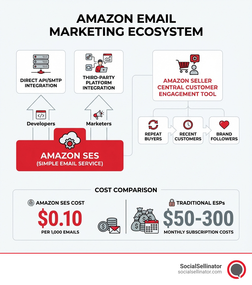 Infographic showing the complete Amazon email marketing ecosystem: Amazon SES at the foundation with arrows pointing to direct API/SMTP integration for developers and third-party platform integration for marketers; separate branch showing Amazon Seller Central Customer Engagement tool connecting to marketplace customer segments including repeat buyers, recent customers, and brand followers; cost comparison showing $0.10 per 1,000 emails via SES versus typical $50-300 monthly subscription costs for traditional email service providers - amazon email marketing services infographic 