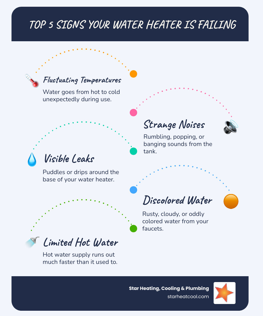 Infographic showing the top 5 signs your water heater is failing: fluctuating water temperature, strange noises like rumbling or popping, visible leaks around the base, discolored or rusty water, and limited hot water supply - water heater repair carmel in infographic infographic-line-5-steps-blues-accent_colors