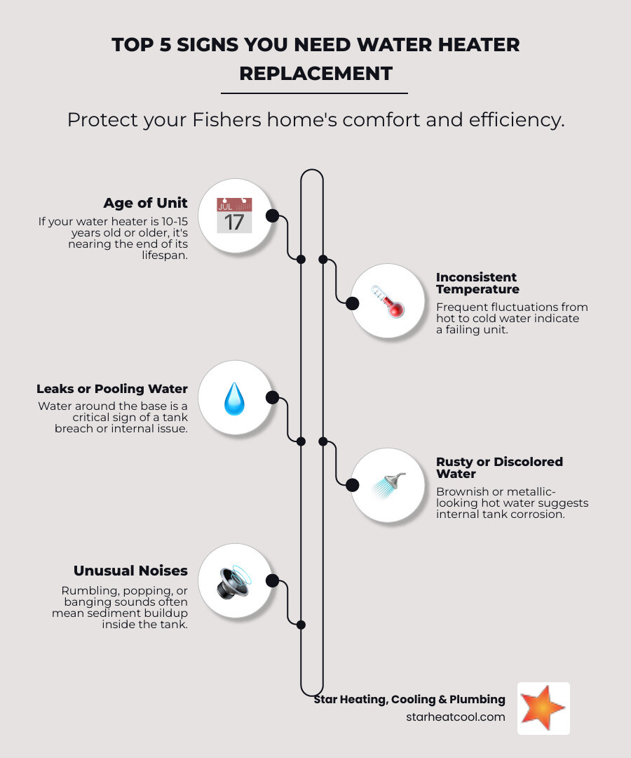 Infographic showing the top 5 signs you need water heater replacement: unit age over 10 years, inconsistent water temperature, visible leaks or water pooling at base, rusty or discolored hot water, and unusual noises like rumbling or popping sounds - water heater replacement fishers in infographic infographic-line-5-steps-elegant_beige Infographic showing the top 5 signs you need water heater replacement: unit age over 10 years, inconsistent water temperature, visible leaks or water pooling at base, rusty or discolored hot water, and unusual noises like rumbling or popping sounds - water heater replacement fishers in infographic infographic-line-5-steps-elegant_beige