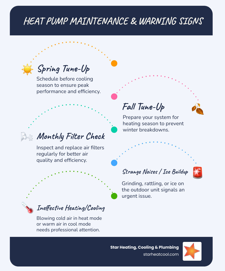 Infographic showing heat pump maintenance timeline: spring tune-up before cooling season, fall tune-up before heating season, monthly filter checks, and signs that indicate professional attention is needed including strange noises, ice buildup, inadequate heating or cooling, and sudden energy bill increases - heat pump maintenance in indianapolis, in infographic infographic-line-5-steps-blues-accent_colors