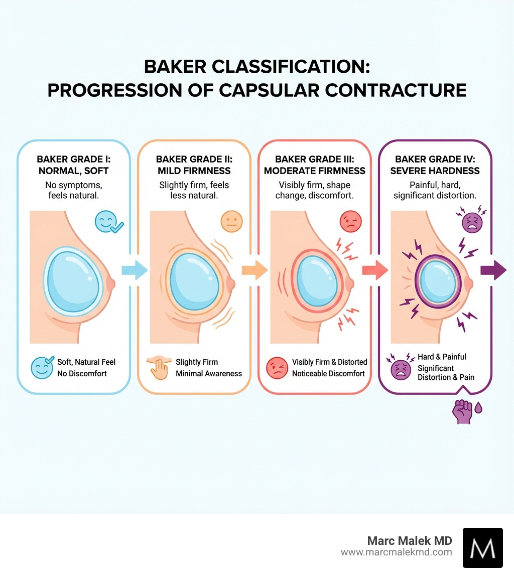 infographic showing the progression from normal capsule formation to contracted capsule, with four stages labeled Baker Grade I through IV, illustrating increasing firmness, distortion, and discomfort around a breast implant - capsular contracture symptoms infographic infographic showing the progression from normal capsule formation to contracted capsule, with four stages labeled Baker Grade I through IV, illustrating increasing firmness, distortion, and discomfort around a breast implant - capsular contracture symptoms infographic