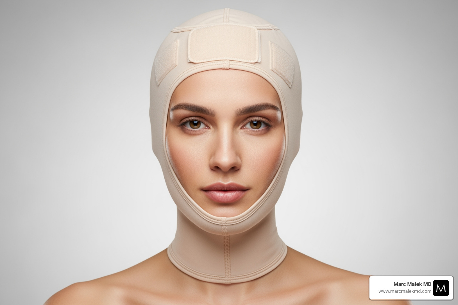 patient wearing a post-procedure chin compression garment - Double chin liposuction patient wearing a post-procedure chin compression garment - Double chin liposuction