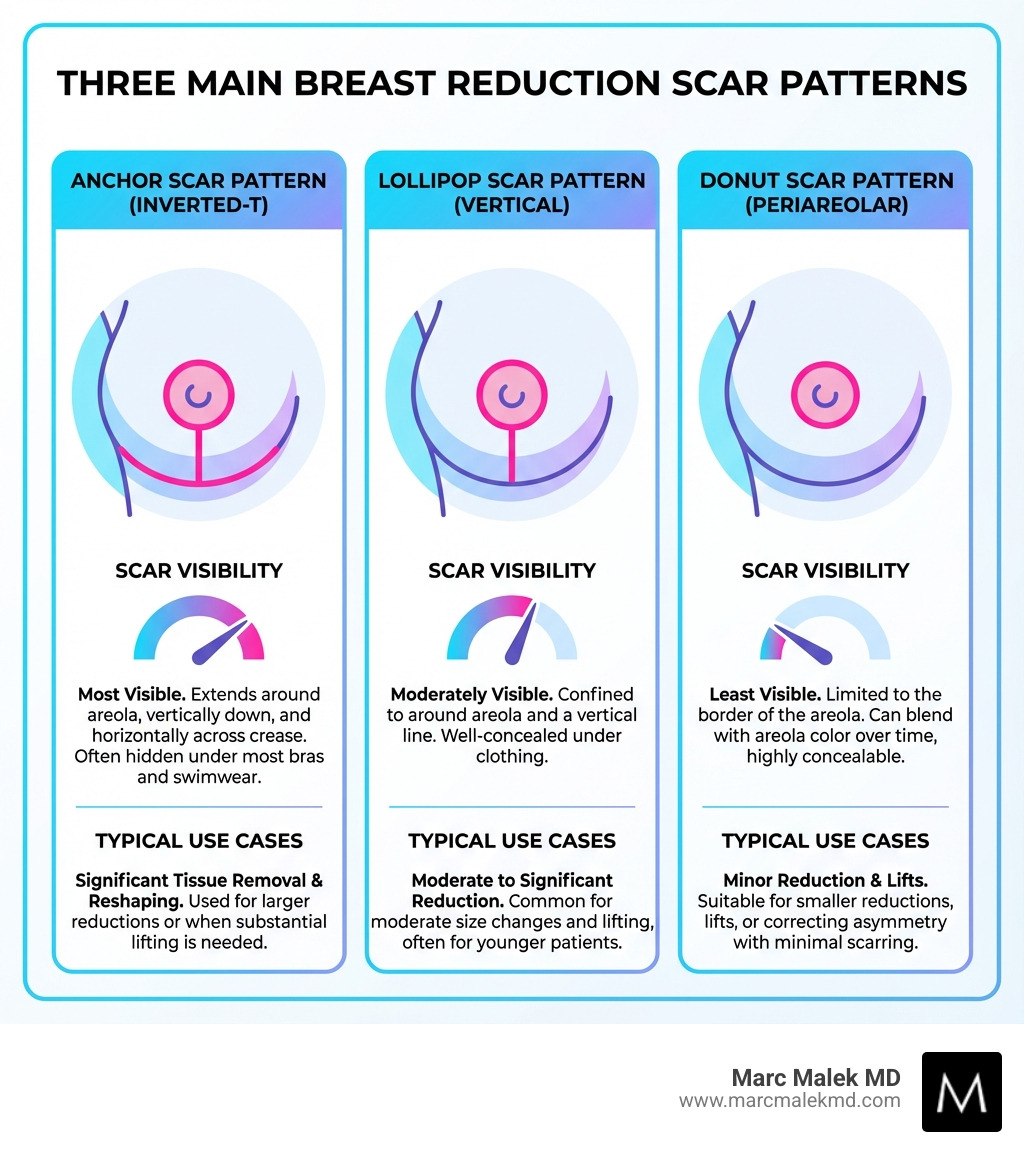infographic showing the three main breast reduction scar patterns: anchor scar with incisions around areola, vertical line down to breast crease, and horizontal line along inframammary fold; lollipop scar with incisions around areola and vertical line only; donut scar with incision only around areola, with labels indicating scar visibility and typical use cases for each pattern - breast reduction scar infographic infographic showing the three main breast reduction scar patterns: anchor scar with incisions around areola, vertical line down to breast crease, and horizontal line along inframammary fold; lollipop scar with incisions around areola and vertical line only; donut scar with incision only around areola, with labels indicating scar visibility and typical use cases for each pattern - breast reduction scar infographic