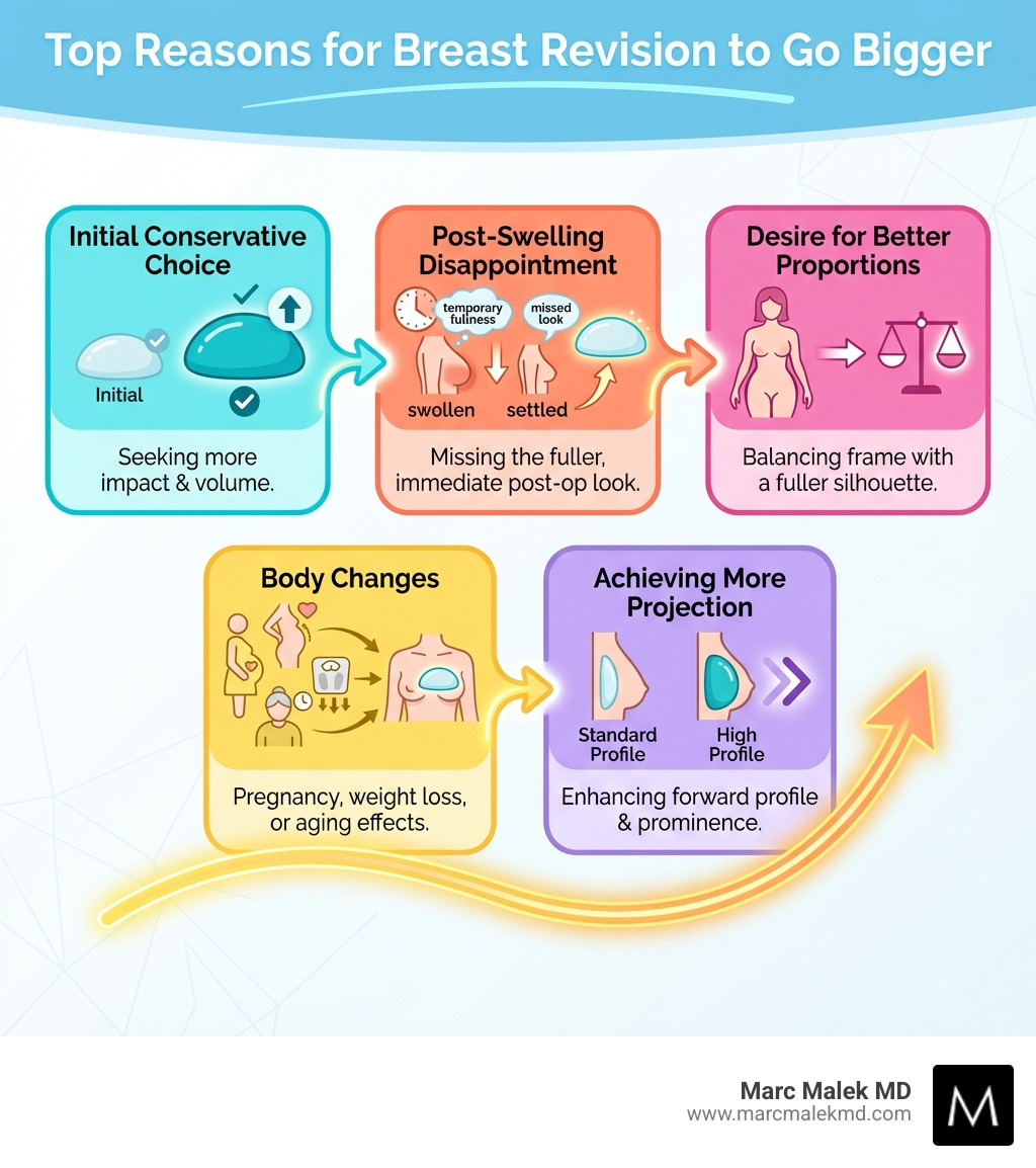 infographic showing top reasons for breast revision to go bigger including initial conservative choice, post-swelling disappointment, body changes from pregnancy or weight loss, desire for better proportions, and achieving more projection - breast augmentation revision to go bigger infographic infographic showing top reasons for breast revision to go bigger including initial conservative choice, post-swelling disappointment, body changes from pregnancy or weight loss, desire for better proportions, and achieving more projection - breast augmentation revision to go bigger infographic