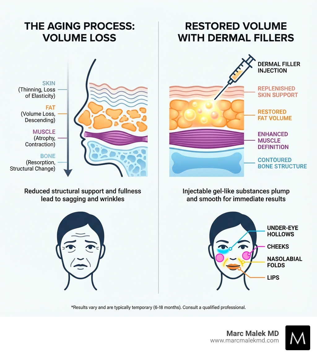 infographic showing the aging process with loss of facial volume in skin, fat, muscle, and bone, followed by how dermal fillers restore volume by injecting gel-like substances beneath the skin to plump and smooth the face, with labeled treatment areas including cheeks, lips, nasolabial folds, and under-eye hollows - dermal fillers infographic infographic showing the aging process with loss of facial volume in skin, fat, muscle, and bone, followed by how dermal fillers restore volume by injecting gel-like substances beneath the skin to plump and smooth the face, with labeled treatment areas including cheeks, lips, nasolabial folds, and under-eye hollows - dermal fillers infographic
