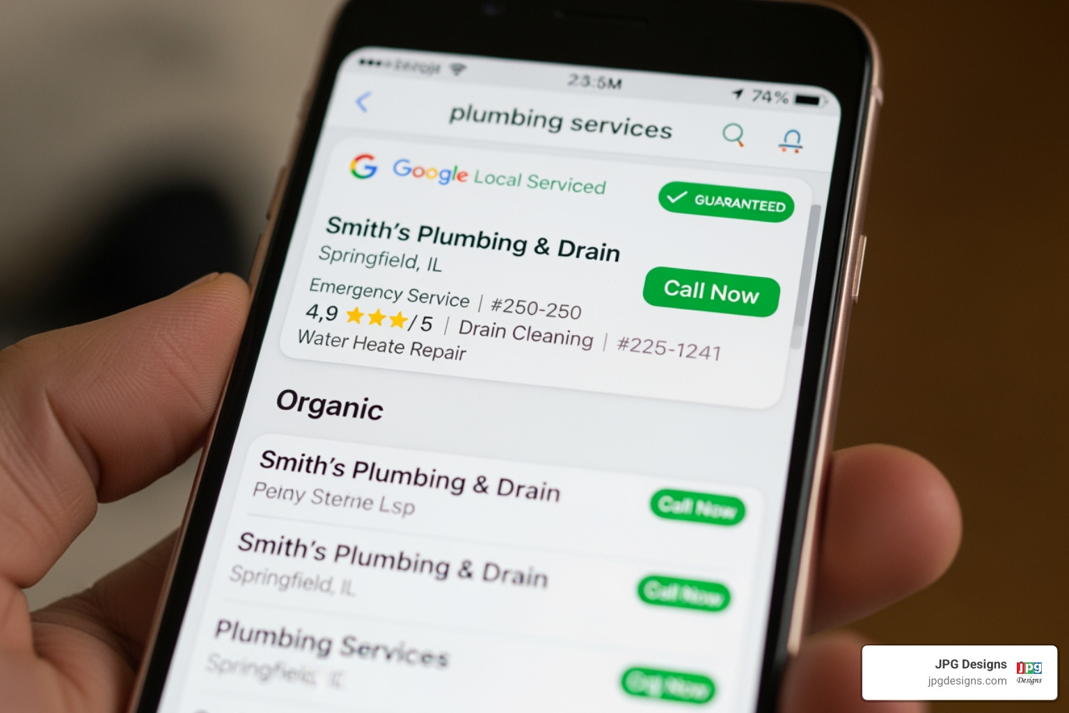 Google Local Services Ad on smartphone search results page - plumbing marketing plan