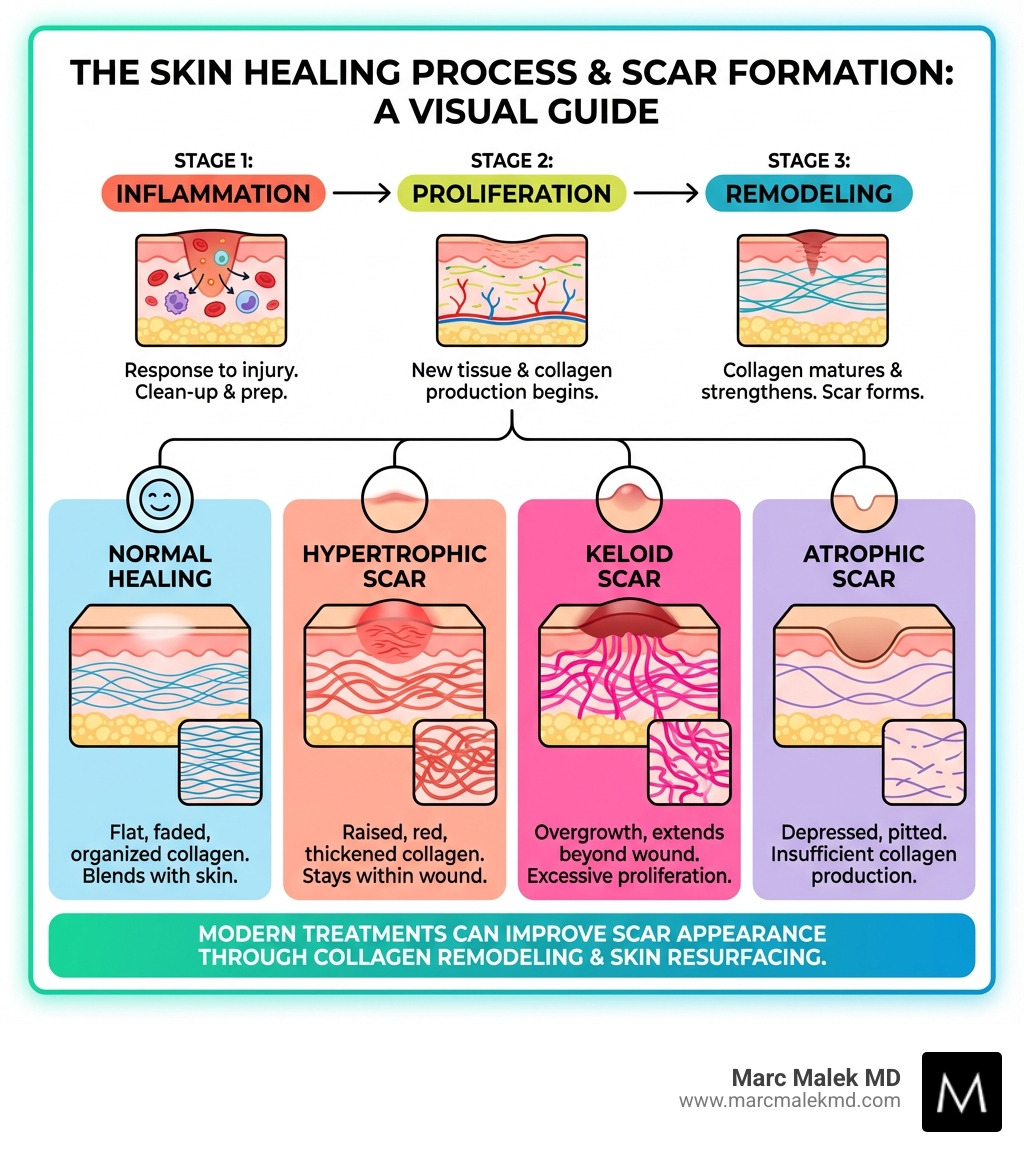 infographic showing the skin healing process and how different types of scars form, including normal healing, hypertrophic scars, keloid scars, and atrophic scars with visual representations of collagen production and tissue remodeling - scar removal clinic near me infographic infographic showing the skin healing process and how different types of scars form, including normal healing, hypertrophic scars, keloid scars, and atrophic scars with visual representations of collagen production and tissue remodeling - scar removal clinic near me infographic