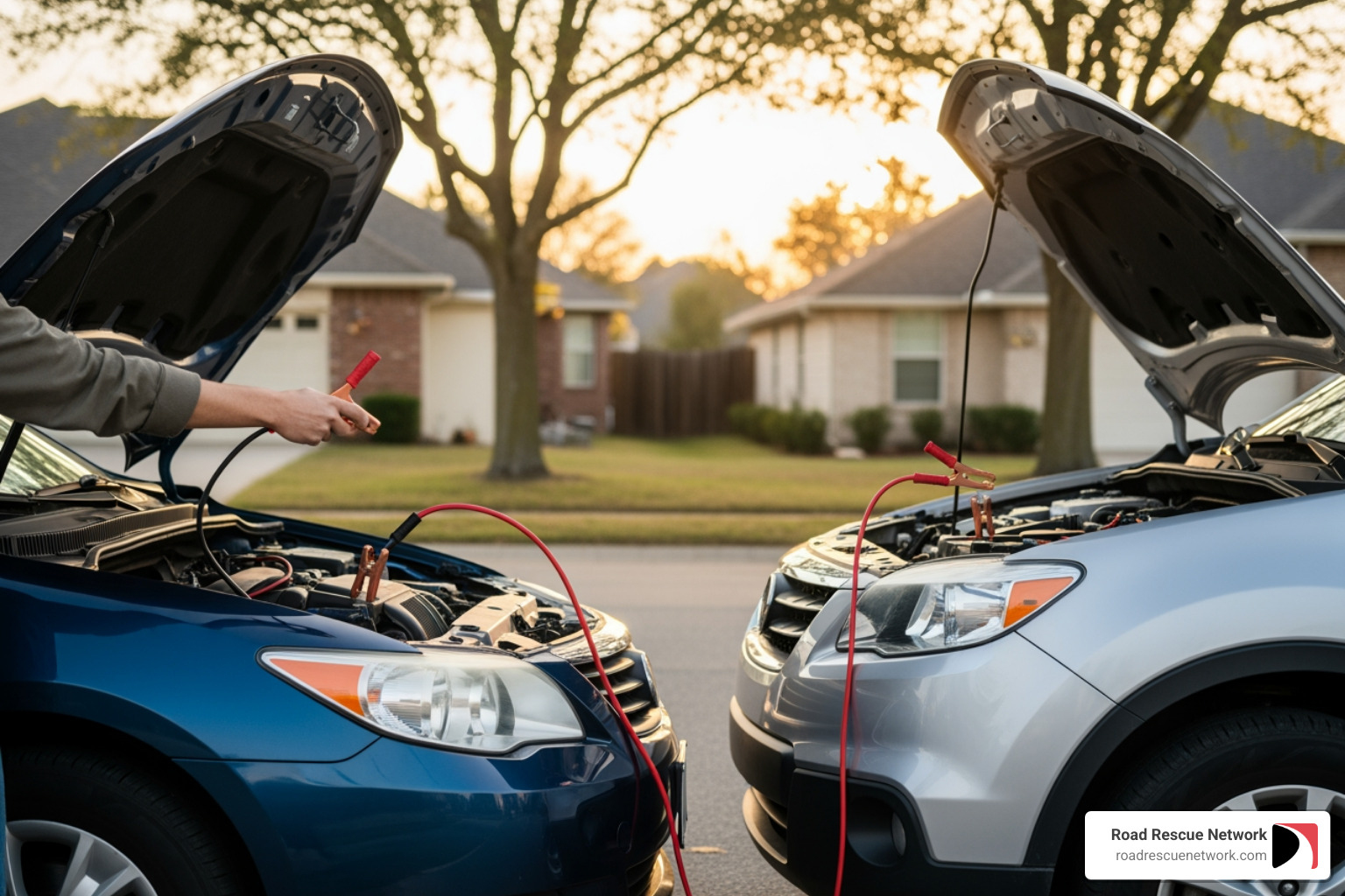 two cars parked hood-to-hood, close but not touching - jump start car two cars parked hood-to-hood, close but not touching - jump start car