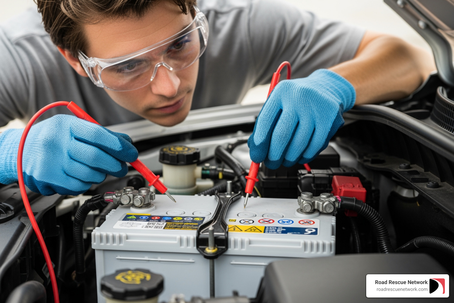 person wearing safety glasses and gloves inspecting a car battery - jump start car person wearing safety glasses and gloves inspecting a car battery - jump start car