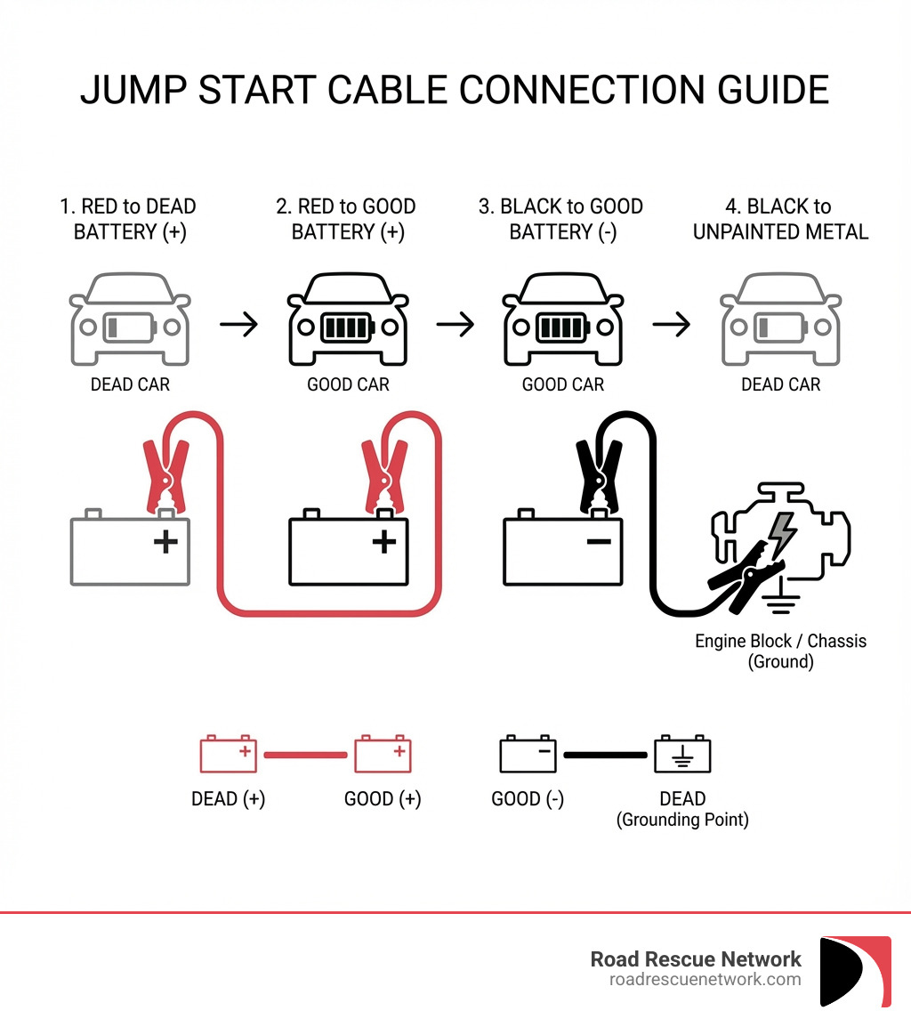infographic showing step by step jumper cable connections: red clamp to dead battery positive terminal, red clamp to good battery positive terminal, black clamp to good battery negative terminal, black clamp to unpainted metal surface on dead car engine block - jump start car infographic infographic showing step by step jumper cable connections: red clamp to dead battery positive terminal, red clamp to good battery positive terminal, black clamp to good battery negative terminal, black clamp to unpainted metal surface on dead car engine block - jump start car infographic