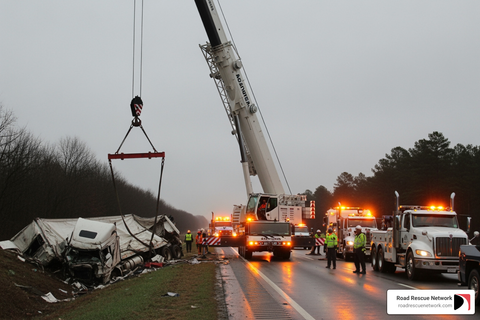 A large rotator crane lifting a tractor-trailer - commercial towing A large rotator crane lifting a tractor-trailer - commercial towing
